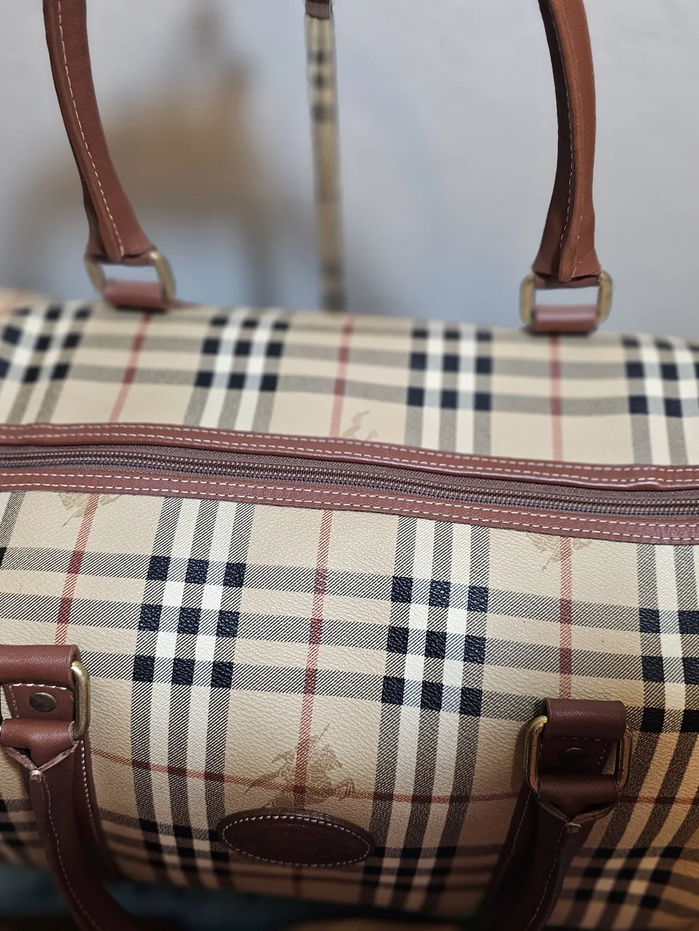 #548-Burberry Tan Beige Check Canvas Duffel with Brown Leather Trim size 45